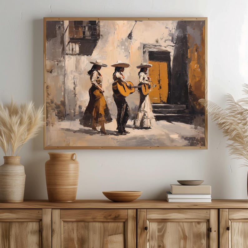 Musical mariachi painting printable wall art for studio — vibrant and lively portrayal of traditional musicians celebrating their heritage outdoors.