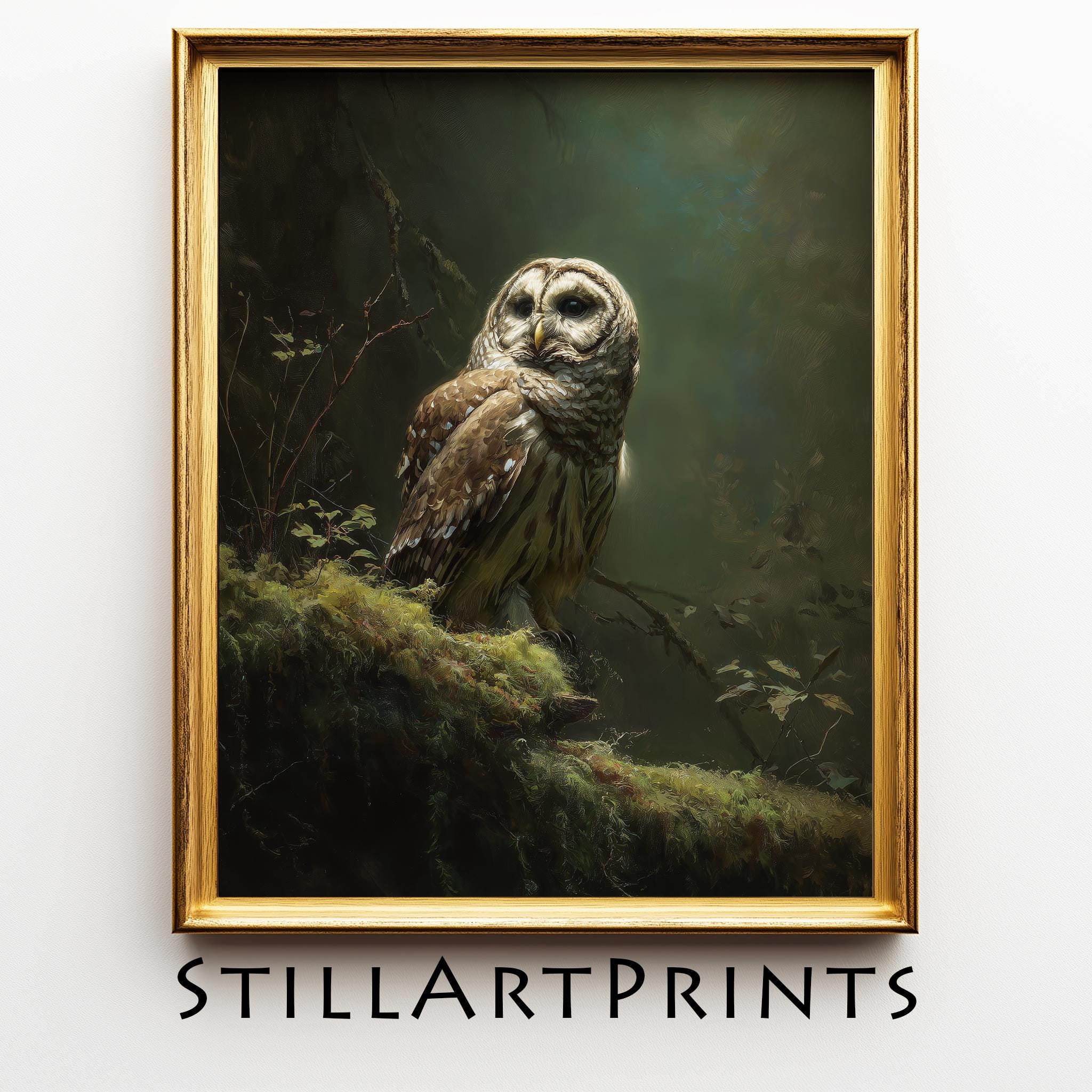 Moody Barred Owl on Mossy Branch - Rustic Woodland Wildlife Art, Vintage Nature Scene, Earthy Farmho