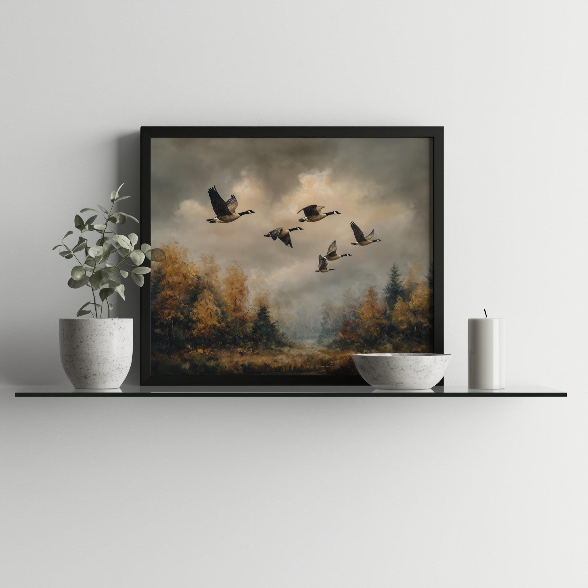 Moody Autumn Geese in Flight Printable - Vintage Rustic Landscape Art ...