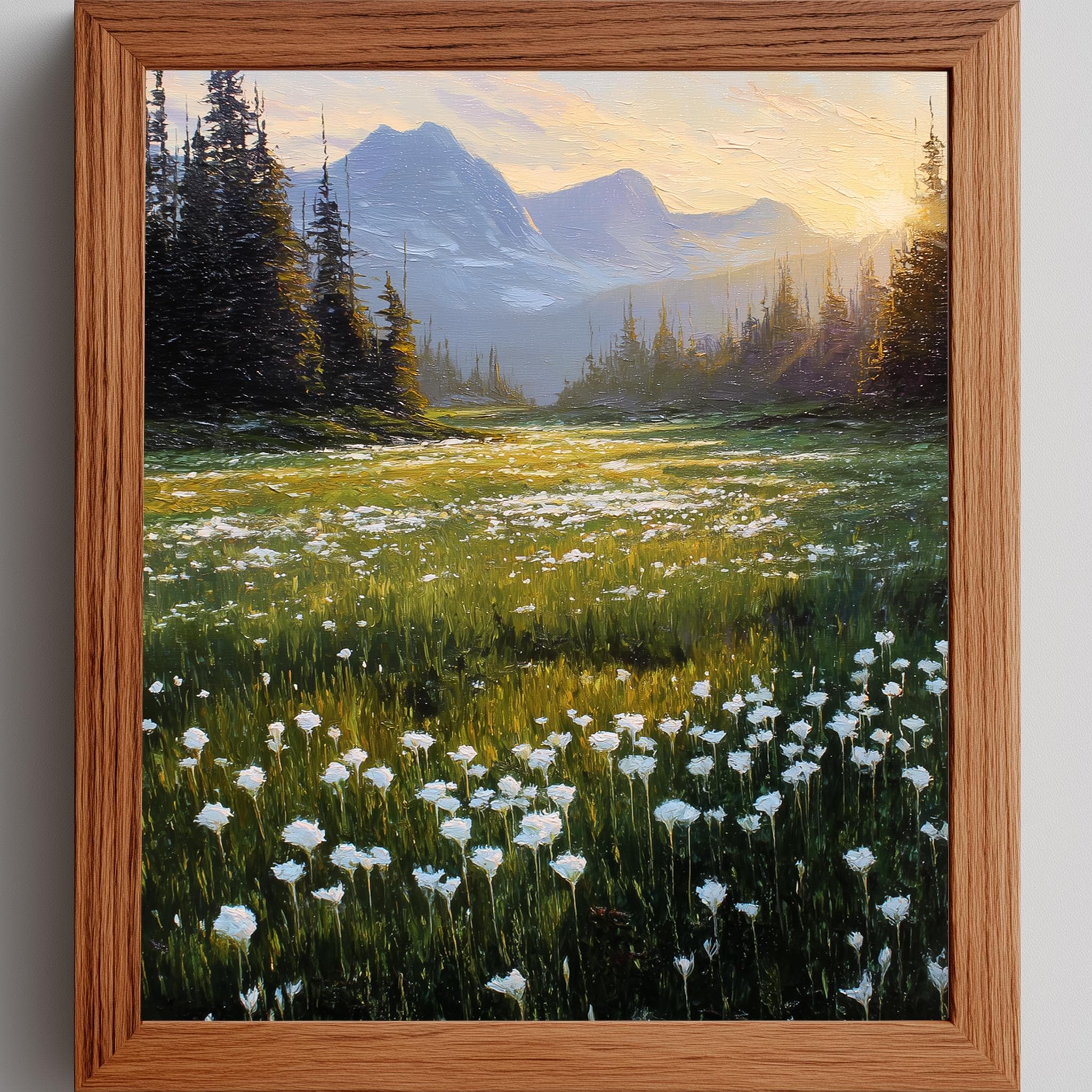 Sunlit Alpine Meadow Painting - Rustic Cottagecore Landscape
