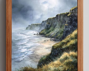 Paisaje costero irlandés melancólico: acuarela imprimible, acantilados espectaculares y escena de playa, arte neutro, descarga digital, decoración paisajística 14