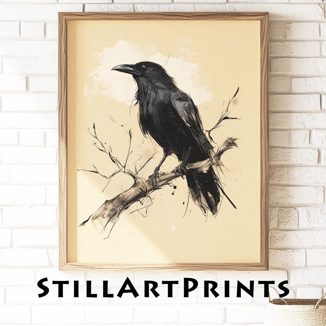 Moody Crow Sketch Ink Illustration - Vintage Rustic Art Print ...