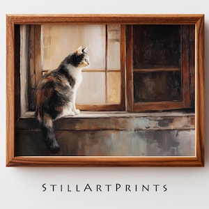 May include: A framed print of a cat sitting on a windowsill, looking out. The cat has a mix of black, brown, and white fur. The window is wooden, and the frame is a dark wood. The print has a warm, inviting feel.