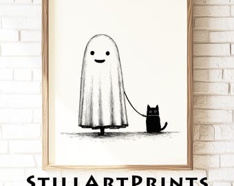 May include: A framed black and white illustration of a ghost walking a black cat on a leash. The ghost has a smiling face. The text "STILLARTPRINTS" is at the bottom of the frame.