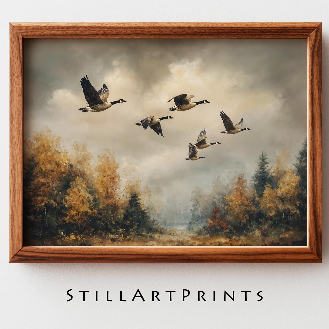 Moody Autumn Geese in Flight Printable - Vintage Rustic Landscape Art ...