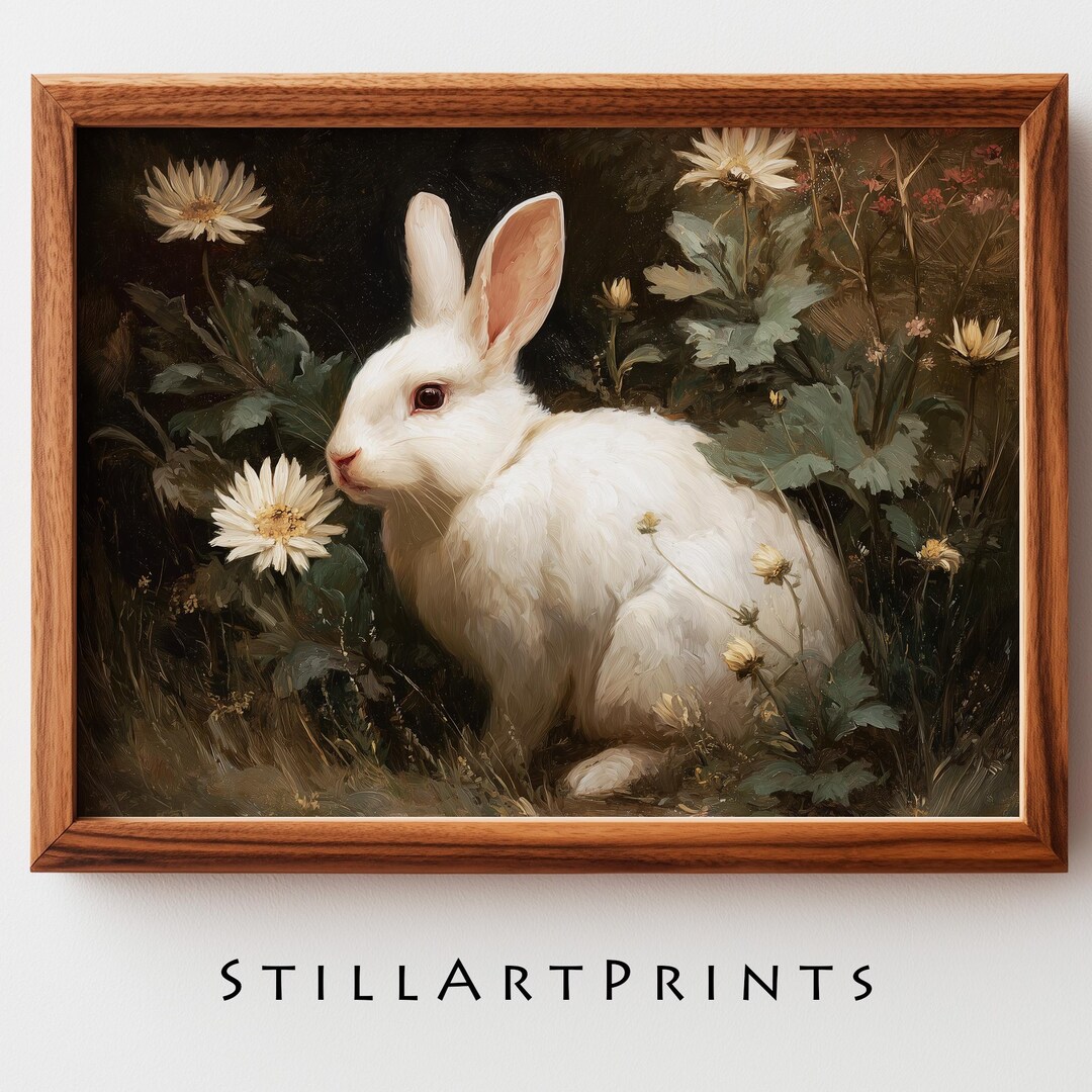 Spring Paintings Rabbit Vintage Spring Bunny Art Printable - Cottagecore Rabbit With Daisies ...