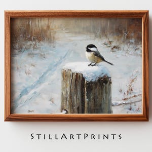 Chickadee on Rustic Fence Post - Serene Winter Scene, Cottagecore Winter Art, Snowy Bird Painting, Printable Spring Decor, Digital Art 15