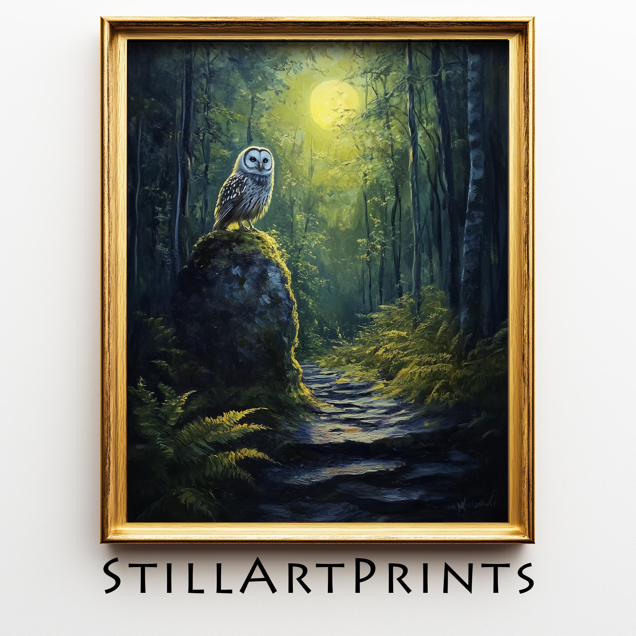 Moody Woodland Owl Printable - Spooky Night Forest Scene, Whimsical Chaos, Rustic Nocturnal Decor, N