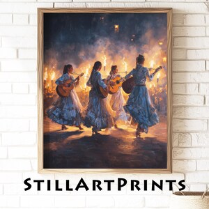 May include: A framed art print depicts four figures playing guitars in a nighttime scene with firelight. The figures wear long, flowing dresses. The print is in a wooden frame, and the text "STILLARTPRINTS" is at the bottom.