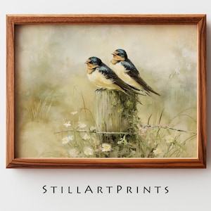 Vintage Barn Swallows on Rustic Fence Post - Cottagecore Art Print, Earthy Rustic Decor, Neutral Pastoral Scene, Printable Digital Art 37