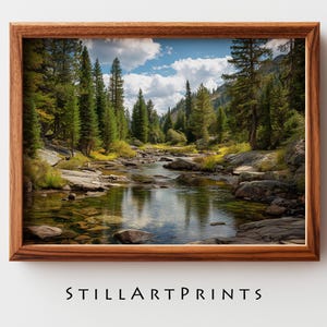 May include: A framed landscape print featuring a serene river flowing through a forest of tall green trees. The water reflects the sky and surrounding nature. The print is in a wooden frame, with the text "STILLARTPRINTS" at the bottom.