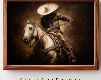 Rustic Vintage Charro on Horseback - Dramatic Western Art, Moody Sepia Tones, Heroic Mexican Cowboy Scene, Printable Decor Digital Format 8