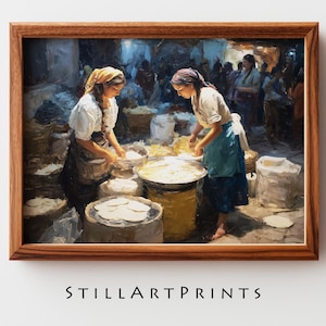 May include: A framed print depicting two women working in a market. They are surrounded by large containers and preparing food. The scene is rendered in a painterly style, with warm tones and a focus on the figures. The text "STILLARTPRINTS" is at the bottom.