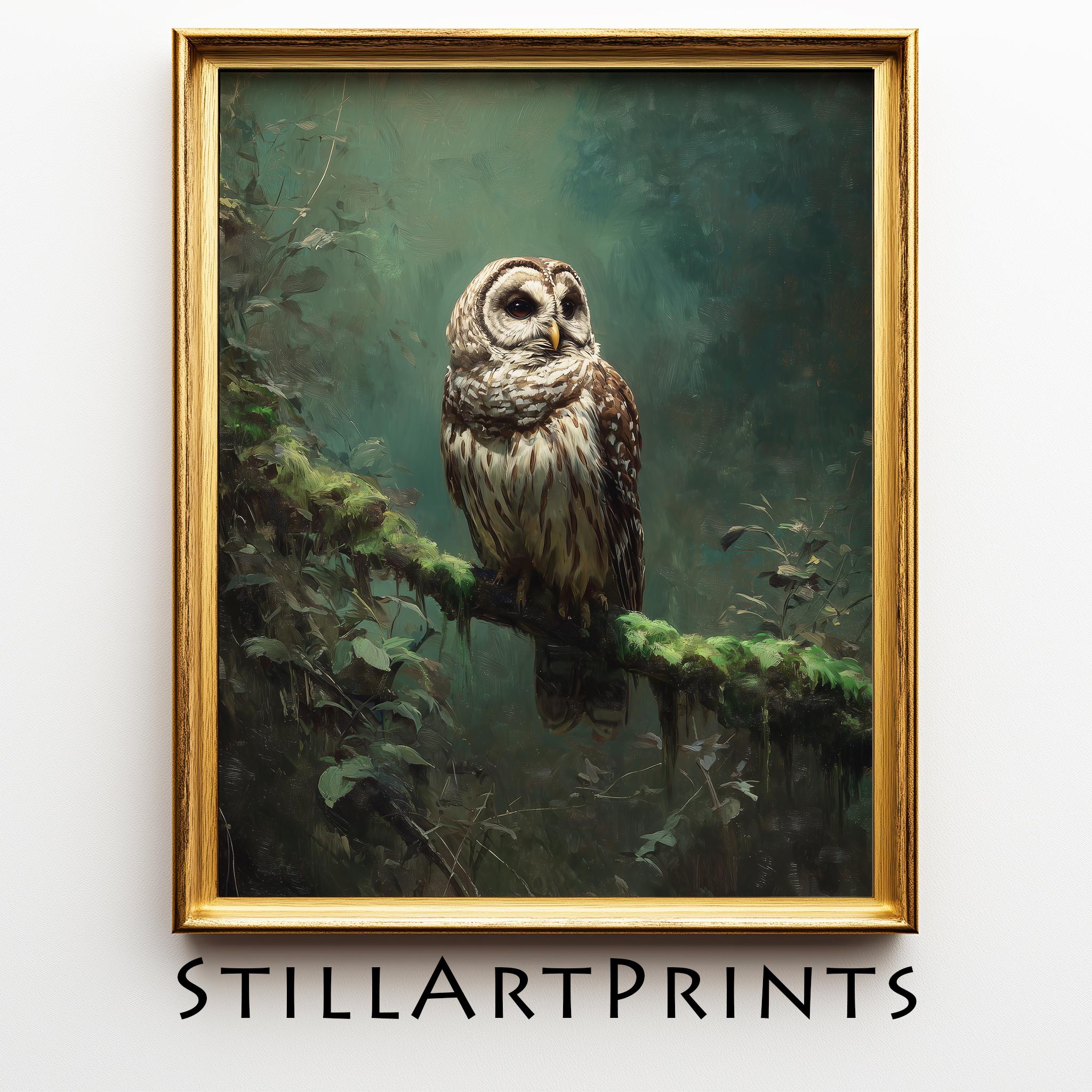 Moody Printable Barred Owl Portrait - Rustic Woodland Art, Neutral Nature Decor, Realistic Owl Paint