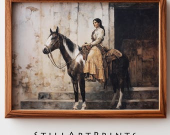 Pintura histórica de Adelita Mexicana - Arte mural rústico y melancólico, Retrato vintage de heroína a caballo, Arte imprimible digital descargable 1