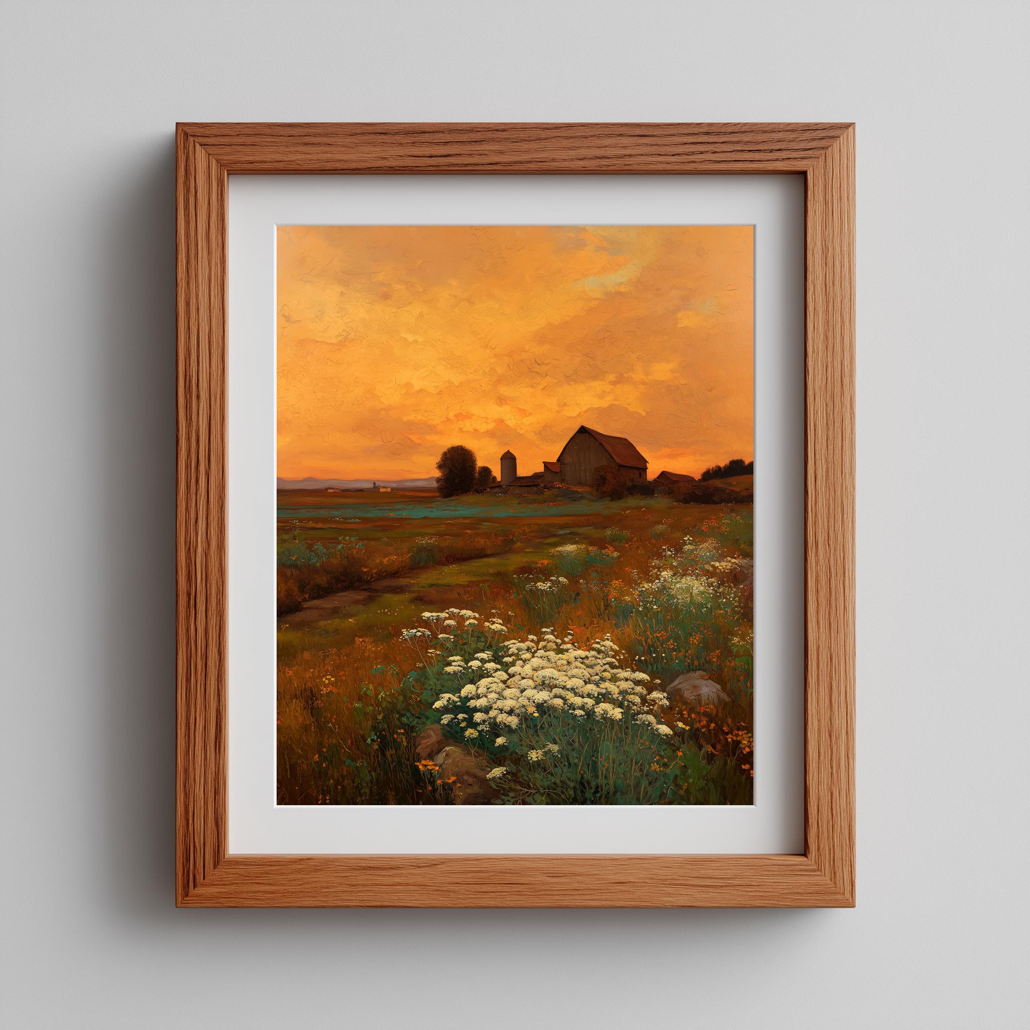 Sunset Farmstead Painting - Rustic Evening Landscape, Moody