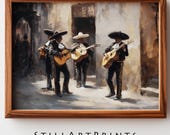 Vintage Mexican Mariachi Band Art Print - Festive Rustic Painting, Warm Neutral Colors, Textured Courtyard Scene, Printable Wall Decor 24