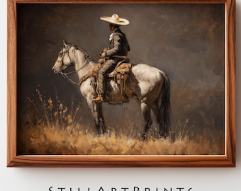 Rustic Western Charro on Horse - Moody Vintage Mexican Wall Art, Traditional Cowboy Painting, Earthy Decor, Printable Digital Download 19