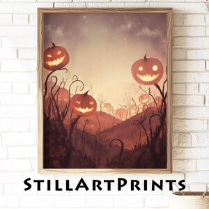 Impresión vintage de calabazas de Halloween: calabazas espeluznantes y melancólicas, escena otoñal retro, decoración festiva de otoño imprimible, descarga digital 45