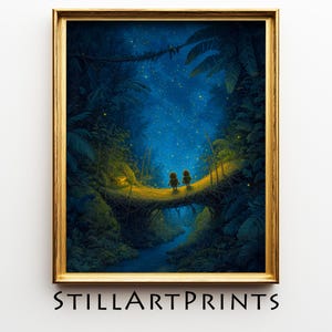 May include: A framed art print featuring a fantasy scene of two small figures on a bridge in a lush, green jungle. The artwork has a blue night sky with stars and the text "STILLARTPRINTS" at the bottom.