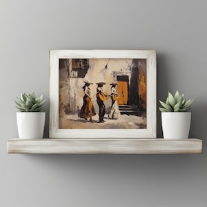 Charro dresses digital download for music-inspired decor — cheerful three musicians sharing their passion with guitars in a sunlit backdrop.