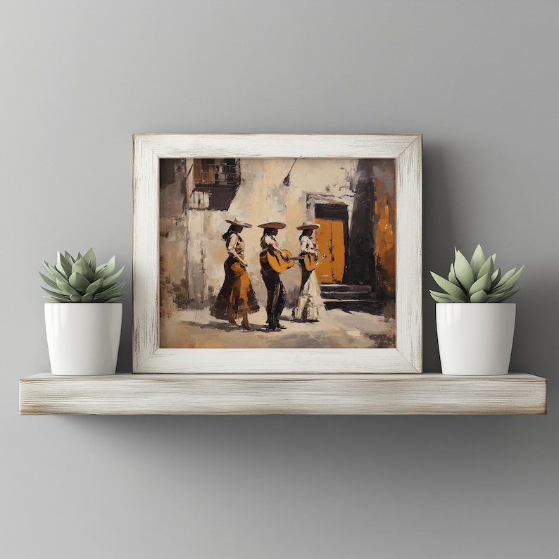 Charro dresses digital download for music-inspired decor — cheerful three musicians sharing their passion with guitars in a sunlit backdrop.