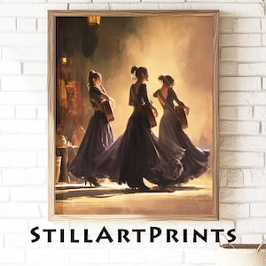 May include: A framed art print featuring three figures in long, flowing, dark purple dresses, each holding a guitar. The figures are set against a warm, golden-lit background, with the text "STILLARTPRINTS" at the bottom.