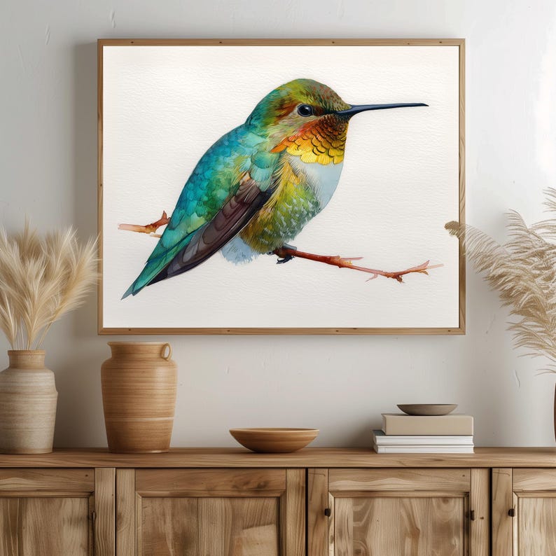Cheerful Humming Spring Hummingbird Watercolor Painting, Cheerful Cottagecore Wall Art ...