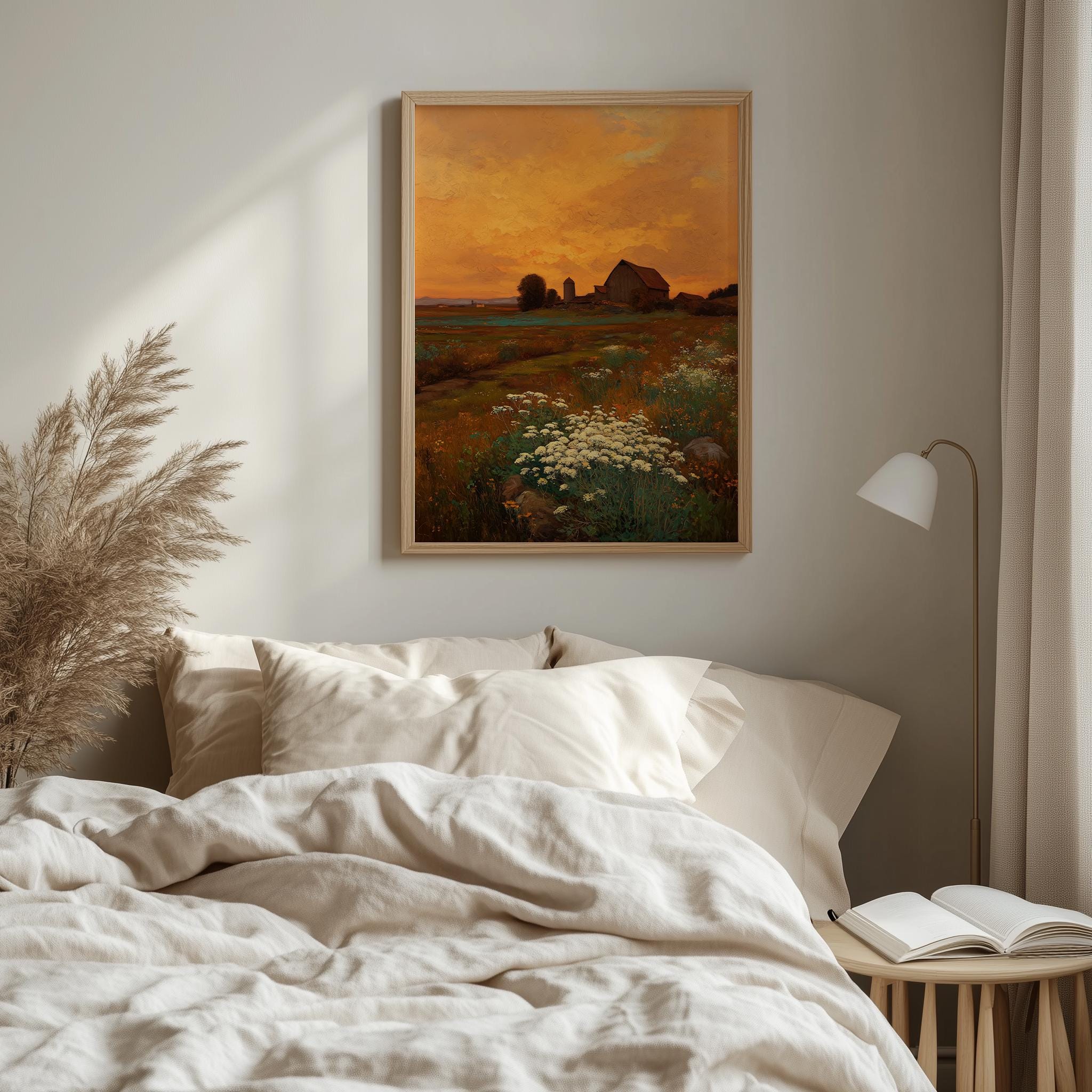 Sunset Farmstead Painting - Rustic Evening Landscape, Moody