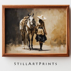 May include: A framed art print depicting a woman in a hat and a horse. The woman is wearing a tan top and black skirt, holding the horse's reins. The horse is white with a saddle. The print has a brown wooden frame and the text "STILLARTPRINTS" at the bottom.