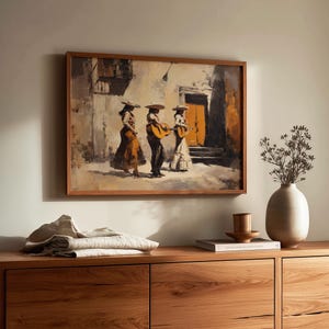 Impressionistic artwork of mariachi musicians printable art for hallway — vintage aesthetic with loose strokes and strong color contrast.