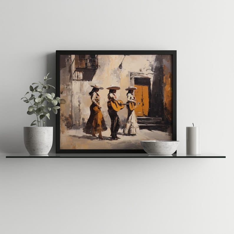 Three female mariachi musicians wall art for kitchen — festive vibes with bright colors and cultural charm, celebrating lively performance moments.
