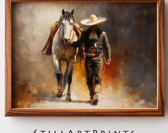 Rustic Mexican Charro Painting - Dramatic Cowboy and Horse in Traditional Vestments, Moody Western Art, Printable Wall Decor Download 4