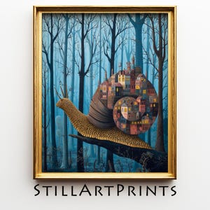 May include: Framed art print featuring a whimsical illustration of a snail with a city built on its shell, set against a backdrop of a blue forest. The artwork has a gold frame and the text "STILLARTPRINTS" at the bottom.