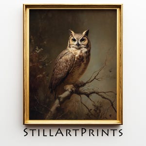 Moody Great Horned Owl on Twisted Branch - Rustic Wildlife Art, Vintage Nature Portrait, Printable Cottagecore Decor, Digital Download 20