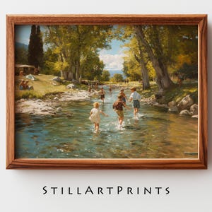 May include: A framed print of a painting depicting children playing in a shallow river. The artwork features a lush landscape with trees, a blue sky, and figures wading through the water. The frame is made of dark wood, and the text "STILLARTPRINTS" is at the bottom.