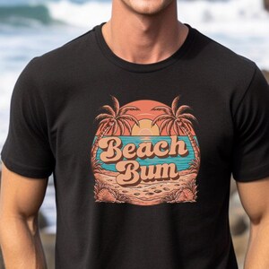 Beach Bum T-Shirt Unisex Jersey Vintage Tropical Beach Scene Tee Retro Beach Graphic Shirt Summer Vibes Vacation T-Shirt Relaxed Beach Style