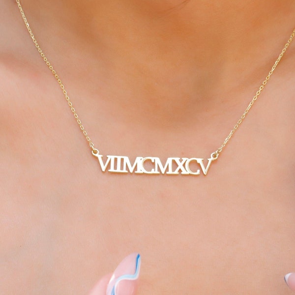 Solid Gold Roman Letter Number Necklace, Secret Message Date Jewelry, Everyday Necklace, Real Gold Gifts for Her and Him, Couple Necklace