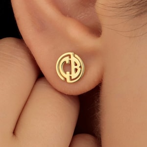 8K 10K 14K 18K Solid Gold Personalized Round Two Initials Monogram Stud Earrings | Dainty Circle Letters Custom Minimalist Jewelry
