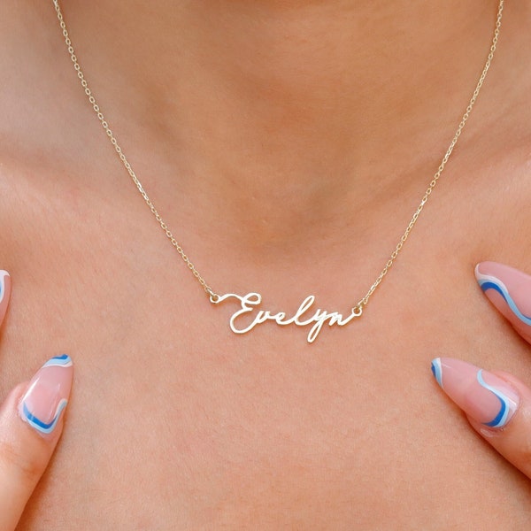 Collar con nombre de firma de oro macizo de 14K, collar con nombre, joyería de uso diario, regalos de collar con nombre personalizado