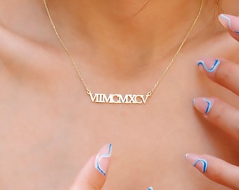 Solid Gold Roman Numeral Date Necklace: Personalized Jewelry Gift