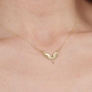 14K Solid Gold Legendary Phoenix Necklace | Unique Design Fire Bird Gold Necklace | Real Gold Strength Dainty Jewelry | Gifts for Women