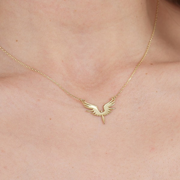 14K Solid Gold Legendary Phoenix Necklace | Unique Design Fire Bird Gold Necklace | Real Gold Strength Dainty Jewelry | Gifts for Women