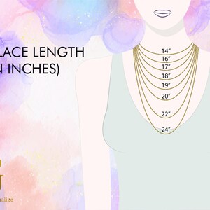 Pode incluir: Imagem mostrando op&ccedil;&otilde;es de comprimento de colar. O texto "NECKLACE LENGTH (IN INCHES)" est&aacute; no topo. Colares dourados s&atilde;o exibidos na silhueta de uma mulher, com comprimentos de 35,56 cm a 60,96 cm. O fundo &eacute; uma lavagem em aquarela.