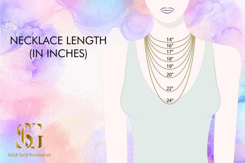Pode incluir: Imagem mostrando op&ccedil;&otilde;es de comprimento de colar. O texto "NECKLACE LENGTH (IN INCHES)" est&aacute; no topo. Colares dourados s&atilde;o exibidos na silhueta de uma mulher, com comprimentos de 35,56 cm a 60,96 cm. O fundo &eacute; uma lavagem em aquarela.