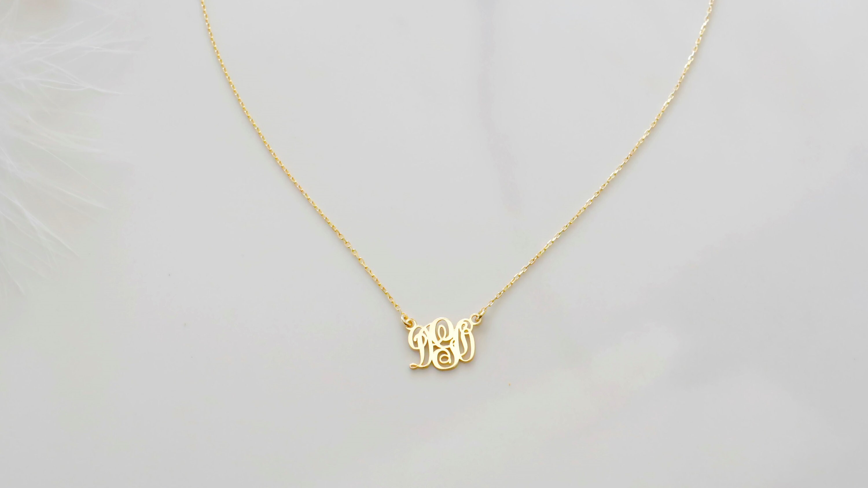 Personalized Solid Gold Monogram Necklace, 0.4 Inch Real Gold Monogram