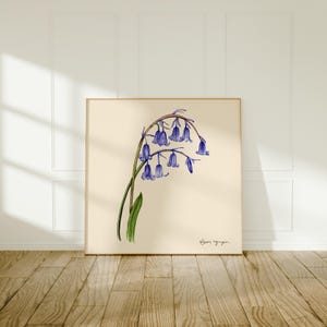 Bluebell Watercolor Art Print Light Beige Background – Botanical Wall Art, Nature-Inspired Floral Decor