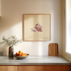 Garlic Wall Art Print Beige Background – Botanical Kitchen Decor, Farmhouse Vegetable Illustration, Watercolor Style Food Artwork
