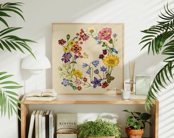 Vintage Florals Beige Square - Botanical Watercolor Artwork - Floral Painting - Vintage Style Wall Decor
