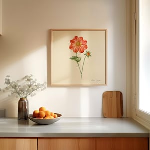 Fundo bege dália - Arte botânica em aquarela - Pintura floral - Decoração de parede estilo vintage